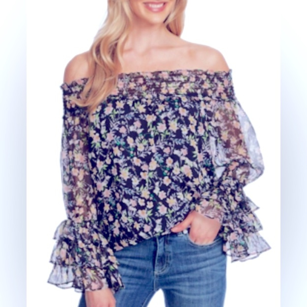 CeCe blue floral 3/4 ruffle sleeves wear on/off shoulders blouse-size small - Picture 2 of 8